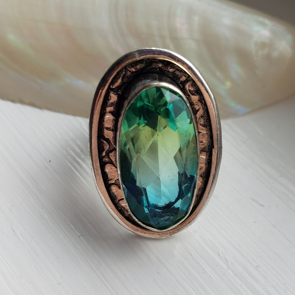 Nwot Tourmaline Blue/green Ring 925 Stamped, Nice Silver, Sz 6 Spectacular Color